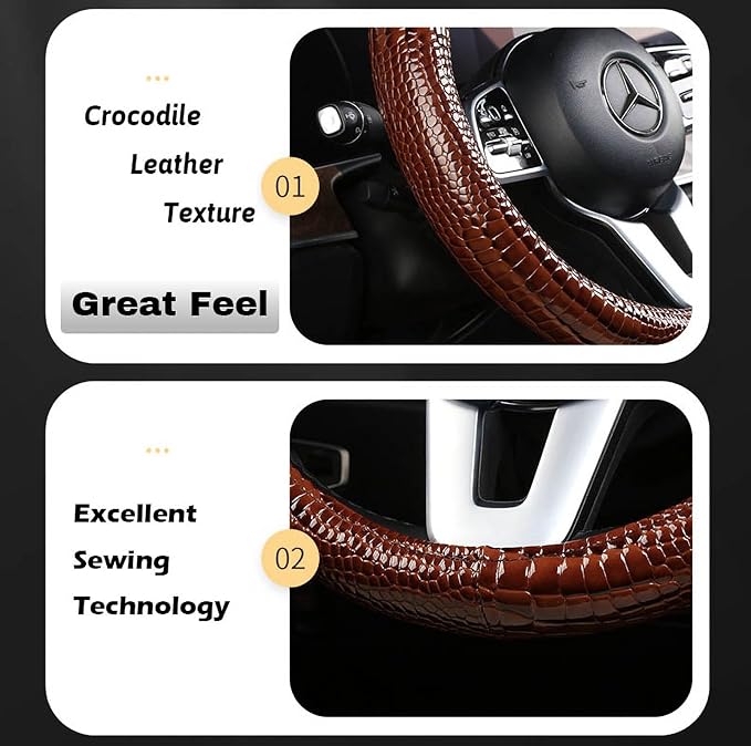 Luxury Crocodile Texture Glossy Leather Car Steering Wheel Cover, New Universal 15 Inch Vehicle Steering Wheel Cover for Cars, Trucks, Suvs, Pickups Interior Accessories (Blue)
