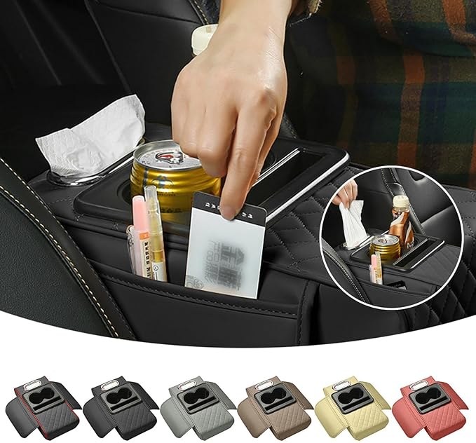 Car Armrest Cushion, 5-in-1 Center Console Cover with 2 Storage Bags Cup Holder, Cup Holder Tissue Slot Phone Slot for Car, Universal Car Armrest Box Cover Protection Pad for Most Vehicles (D)