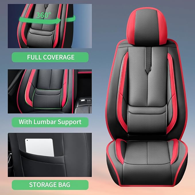 Fit Ridgeline Car Seat Covers for Honda Ridgeline 2007-2025 2026-Upgraded Premium Waterproof & Breathable Leather,Airbag Compatible,All-Weather Seat Cushion Protector,Full Set,Black-Red