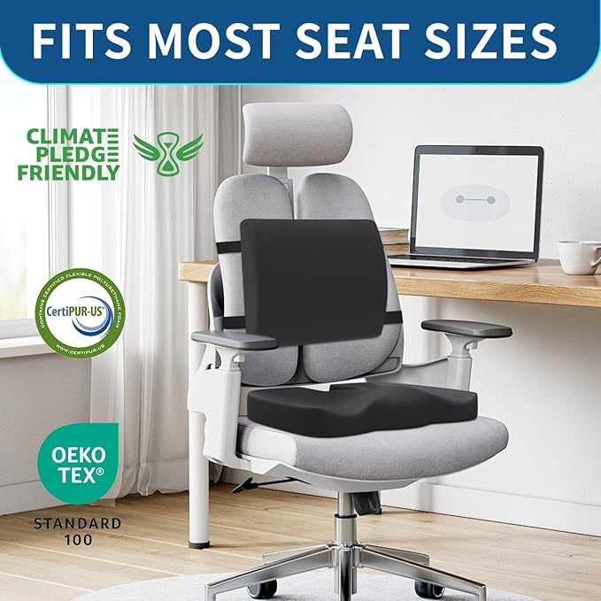 Memory Foam Seat Cushion & Lumbar Support Pillow for Office Chair Car Wheelchair Orthopedic Chair Pad and Back Cushion with Adjustable Straps for Lower Back, Tailbone, Sciatica, Hip Pain Relief