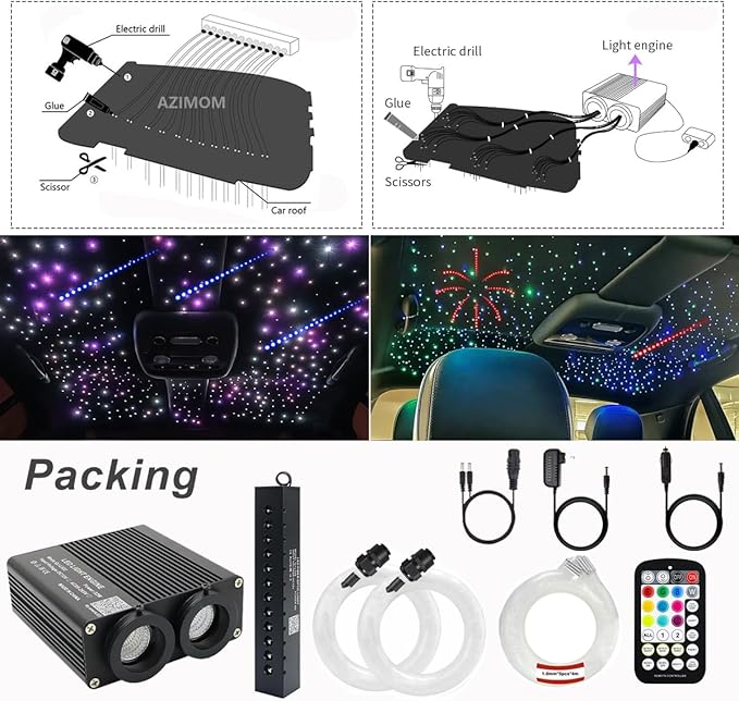 AZIMOM Dual Color 32W 600pcs Fiber Optic Starlight Headliner Kits 0.03in 9.8ft Strands,RGB Meteor Shooting Star,Sound Activated Remote APP Control Home Car Headliner Décor