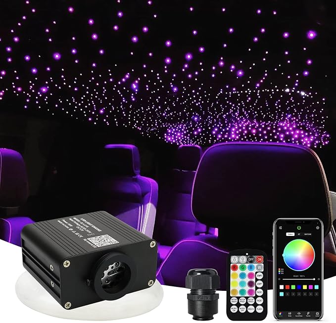 AMKI Updated 16W Starlight Headliner Kits 650pcs 0.03in 9.8ft Twinkle + Music Mode Mixed APP Remote Sound Control Car Home RGBW Fiber Optic Light Star Ceiling Light Kit