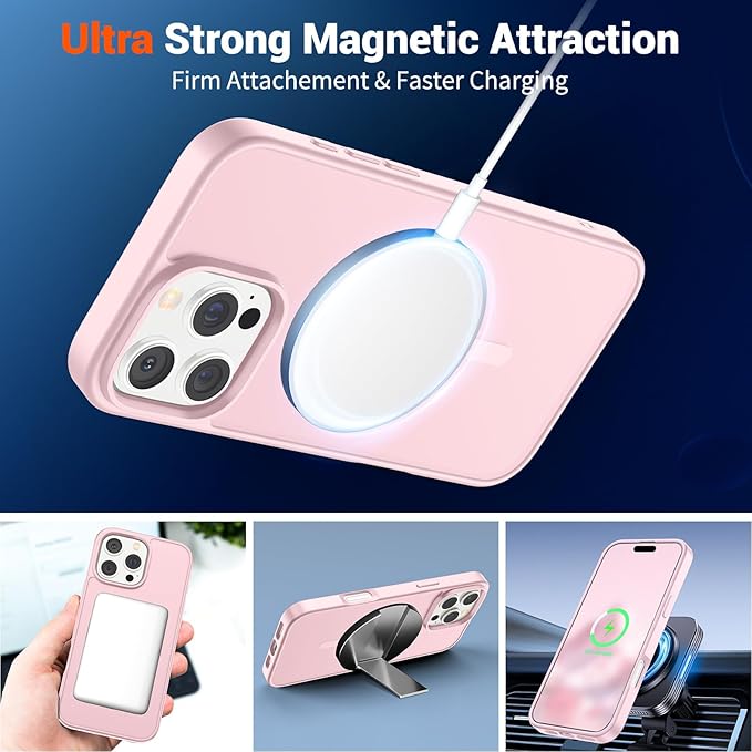 SUPFINE Magnetic for iPhone 16 Pro Case with Screen Protector (Compatible with MagSafe) (Military Grade Drop Protection) Translucent Matte Shockproof Phone Cover,Light Pink