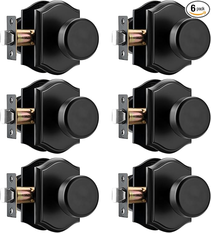 6 Pack Pismo Doorknobs with Lock for Hall, Black Interior Door Knobs with Camelot Trim