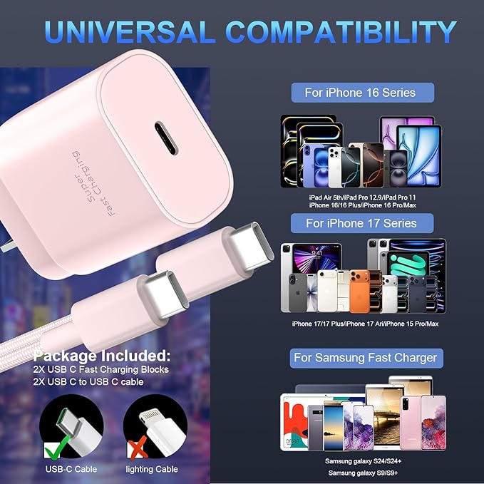 Phone 16 15 Charger Fast Charging,30W Type C Chargers USB C Charge Block with 2 Pack 10FT USB C Cable Nylon Braided for Phones 16/16 Plus/16 Pro/16 Pro Max/Phone 15/15 Pro Max/Pad Pro/AirPods,Pink