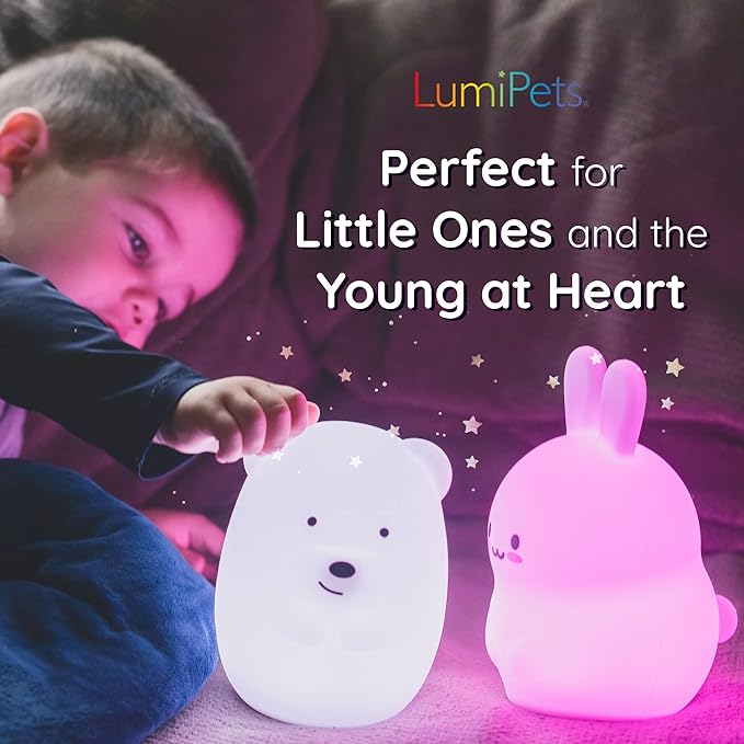 Lumipets Remote Control Silicone Night Light for Kids - Hippo Design with 9 Soft Colors & Sleep Timer - Rechargeable, Battery-Operated Lamp for Bedroom | Baby Nursery, Toddler, Girls, Boys