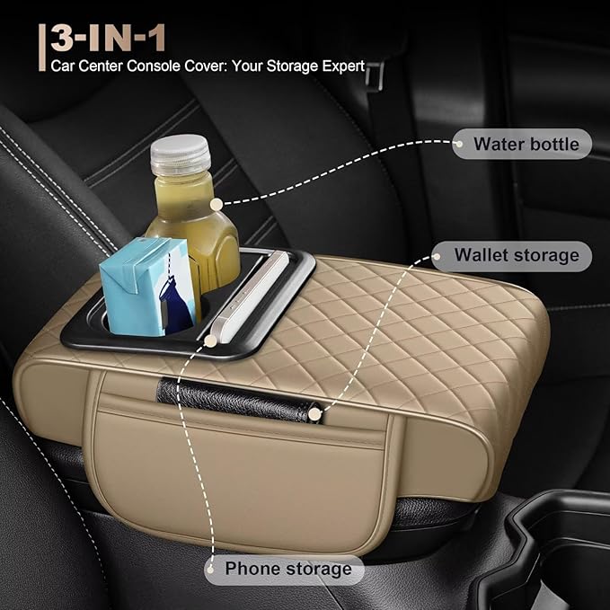 Center Console Cover Fit for Highlander Faux Leather Car Armrest Cushion with Storage Bags, Cup Holder ＆ Phone Storage Multifunctional Middle Console Cover(Beige)