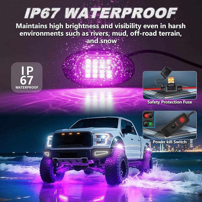 4Pods RGB LED Rock Lights for UTV SXS RZR Can-Am Four Wheeler Side by Side ATV Offroad Golf Cart, Multicolor Underglow Light Kit with APP/RF Remote Music Sync Neon Vehicle Accent Light 12V Waterproof