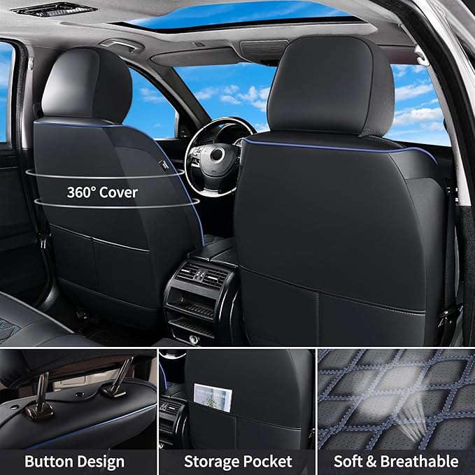 Huidasource Leather Car Seat Covers Fit for Toyota Tacoma 2016-2023 2022 2021 Full Coverage Seat Cover for Double/Crew Cab SR, SR5, Limited, TRD Pro, TRD Sport,TRD Off-Road (Front Pair/Black&Blue)