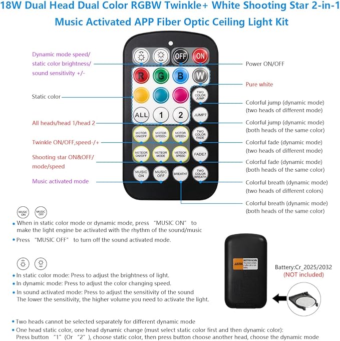 AKEPO 18W Dual Color Twinkle+Meteor All-in-one Fiber Optic Lights, 400pcs*0.03in*9.8ft+240pcs Shooting Star Fibers Remote/APP Starlight Headliner Kit Car Home Music Activated Optical Star Ceiling Kits