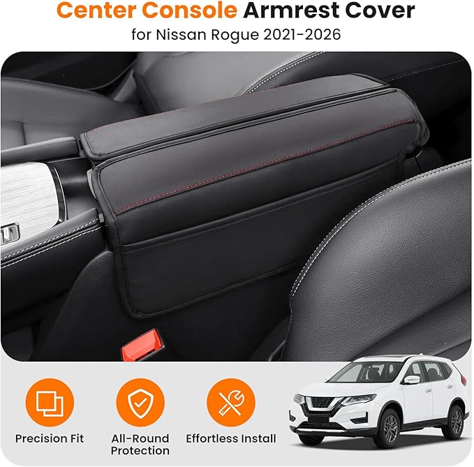 Center Console Armrest Cover for Nissan Rogue 2021-2026, Middle Console Pad Lid Cover Protector Elbow Arm Rest with Side Pockets, Rogue Interior Accessories, PU Leather (Red Stitches)