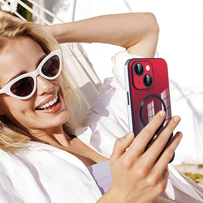 Guppy Compatible with iPhone 15 Plus Case Magnetic, with Full Camera Lens Protector [Compatible with MagSafe] Scratch Resistant Gradient Glass Back Cover Phone Case-Red