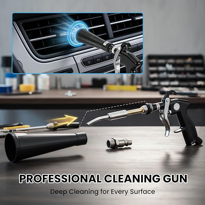 SakerPlus Dry Cleaning Gun, Air-Powered Car Interior Cleaning Tool with Vortex Airflow, Air Compressor Gun for Seats, Carpets, Floor Mats, Vents and Auto Detailing (1 Set Nozzle)