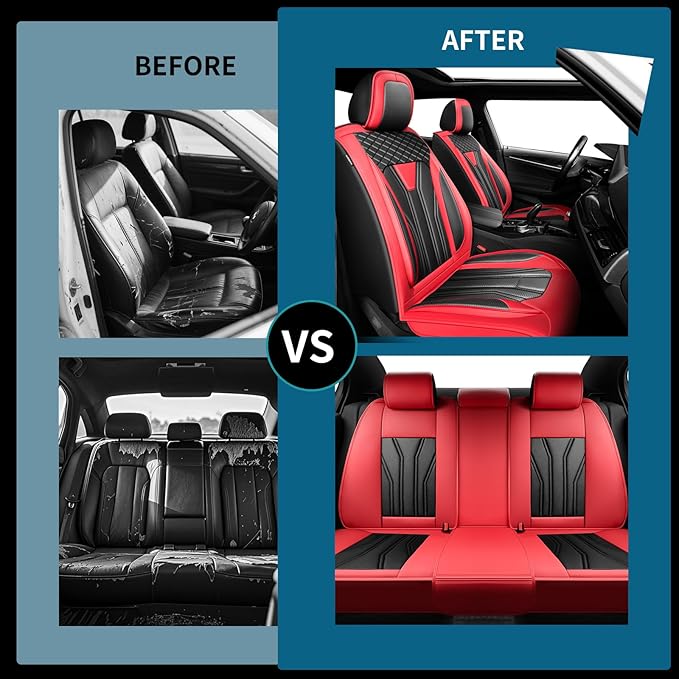 Fit Versa Car Seat Covers Compatible with Nissan Versa 2008-2025 2026 - Premium Leather， Waterproof Breathable， All-Weather Seat Cushion Protecto&Airbag Compatible (2 Front Seat Red&Black)