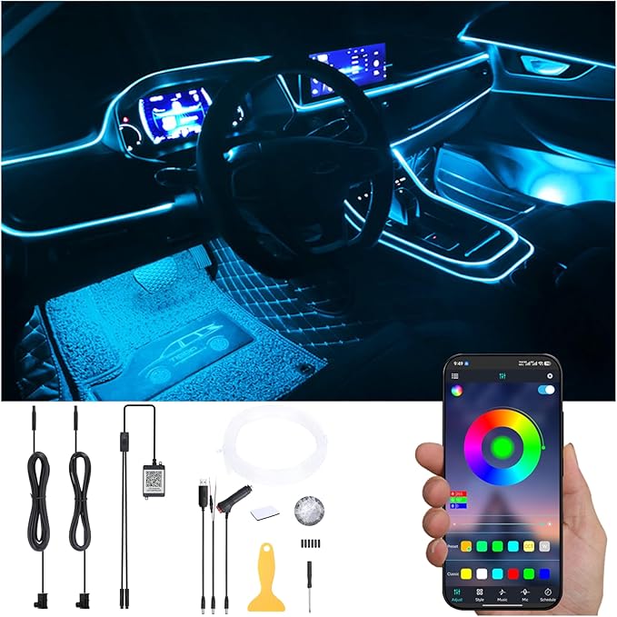 Car Atmosphere Light Kit 3m Fiber Optic RGB Multicolor Sound Active Music Sync Memory Function Bluetooth APP Control 64 Colors USB Car Interior Ambient Lighting Kit DC 12V