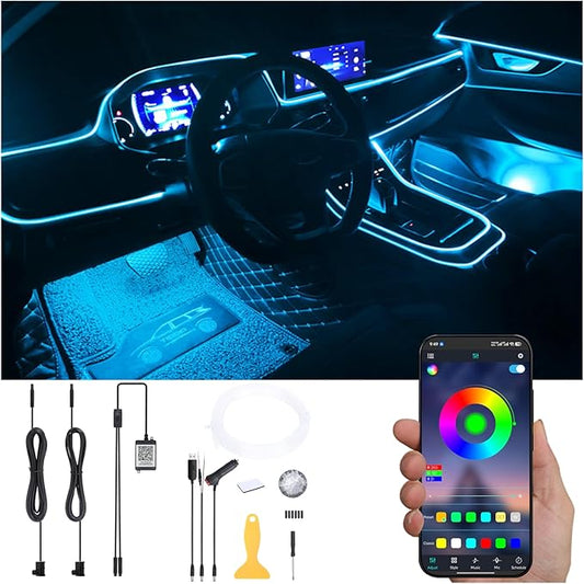 Car Atmosphere Light Kit 3m Fiber Optic RGB Multicolor Sound Active Music Sync Memory Function Bluetooth APP Control 64 Colors USB Car Interior Ambient Lighting Kit DC 12V