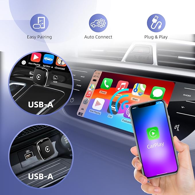 LEXXSON Wireless CarPlay Adapter for iPhone, Plug and Play, Fast and Stable Connection 2 in 1 Android Auto Wireless Adapter for CarPlay＆Android