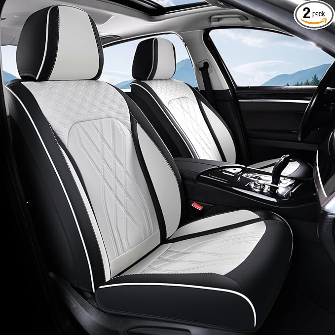FLORICH Leather Cars Seat Covers Front Pair Seat Covers for Car Waterproof Automotive Seat Cover Vehicle Seat Interior Cushion Universal Fit for Most Car Truck SUV, Black&White