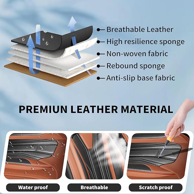 Fit Prius Car Seat Covers for Toyota Prius 2001-2025 2026 -Premium Leather, Waterproof Stain-Resistant, Breathable，All-Weather Seat Cushion Protecto & Airbag Compatible, 2 Front Seat Brown