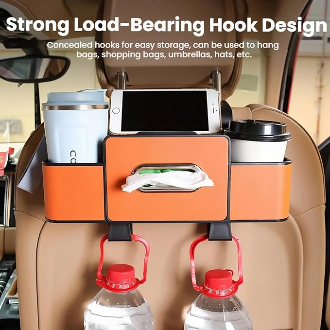 3-in-1 Car Backseat Organizer, 2025 New Multifunctional Car Seat Back Storage Box, Multifunctional Car Back Seat Storage Organizer-Carstorage Bag with 2 Cup Holders, Tissue Box, Hooks (Orange)