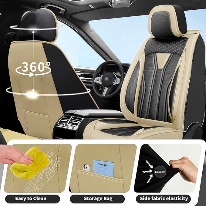 Fit Kicks Car Seat Covers Premium Leather Compatible with Nissan Kicks 2018 2019-2026 (5 Seats Full Set Waterproof Breathable All-Weather Seat Cushion Protector（5 Seats Beige & Black)