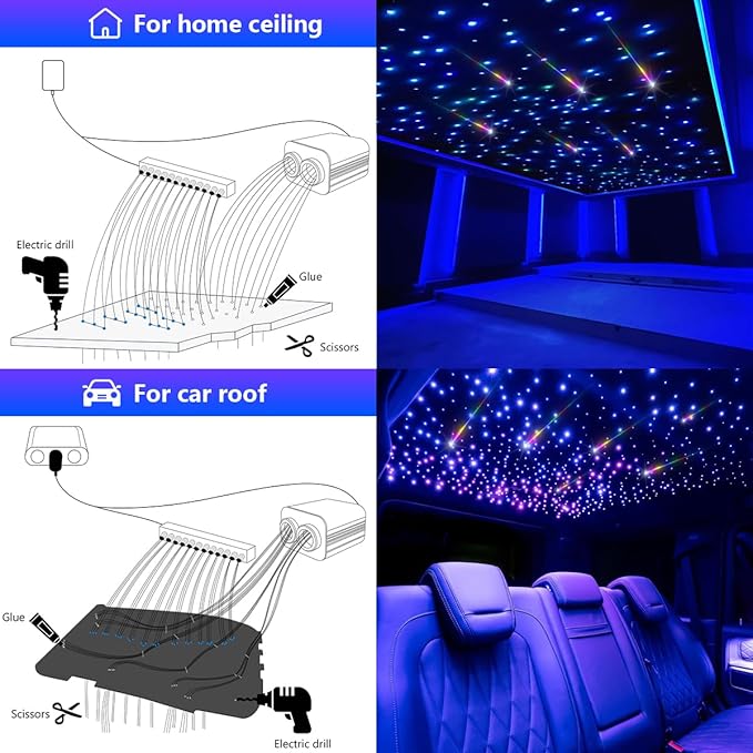 AMKI Dual Color 20W Twinkle Starlight Headliner Kit Mixed 860pcs*9.8ft Cables+ RGB Meteor Shooting Star Fiber Optic Light Sound Activated APP/Remote Control for Car Roof Home Ceiling