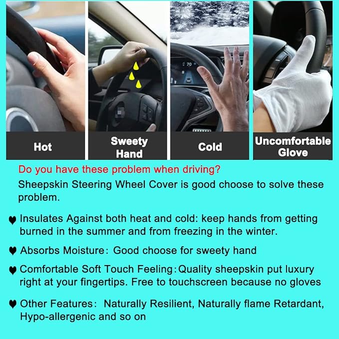 3Pcs Set Fashion Fluffy Fuzzy Wool Fur Soft Car Steering Wheel Cover with Handbrake Cover & Gear Shift Cover for Women/Girls/Ladies Auto Long Wool Accessories, White