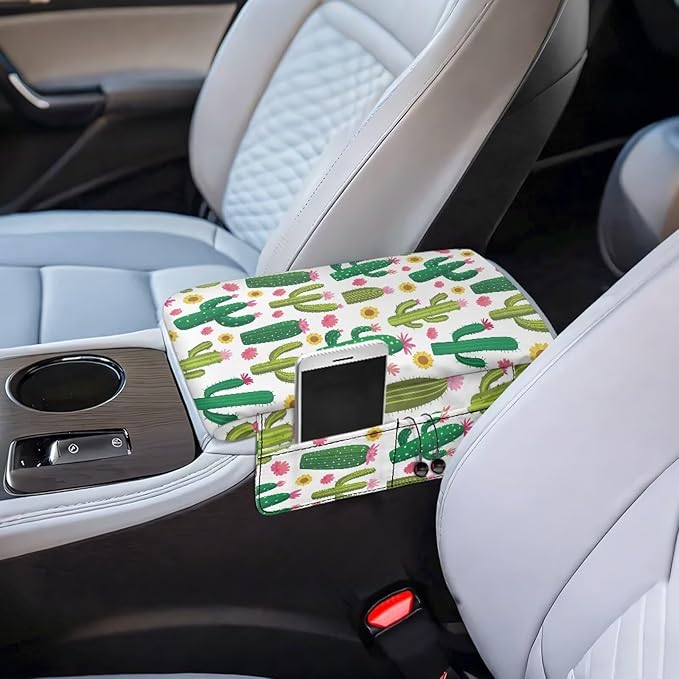Dreaweet Cactus Print Center Console Armrest Cover with Side Pockets Thick Armrest Cover for Car Truck SUV Van,Soft Non-Slip Car Arm Rest Cover Pad