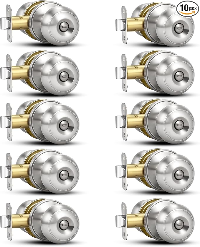 Plustool 10 Pack Brushed Nickel Door Knobs,Privacy Door Knob with Lock, Interior Doorknobs Silver, Keyless Door Locks Set for Bedrooms Bathrooms, Reversible for Left/Right Door Handle