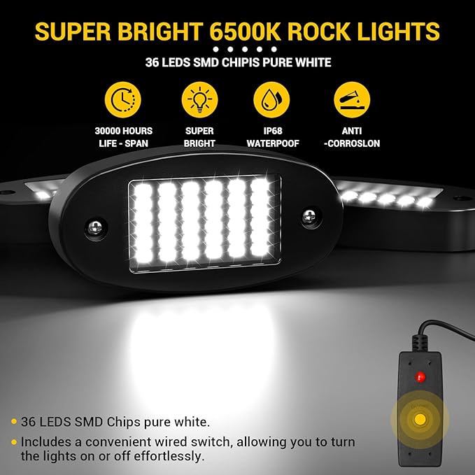 Hovano 6 Pods White Rock Light Kit with Wired Switch - 6500K Pure White LED Underglow, IP68 Waterproof, Super Bright 36 LEDs for Trailer Off Road SUV UTV ATV RZR Car