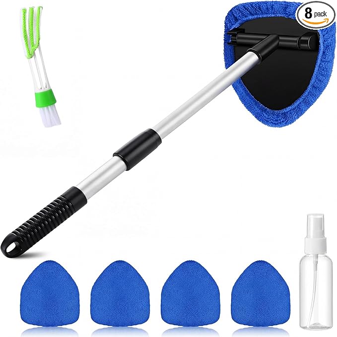 FoldTier 8 Pcs Car Windshield Cleaner Kits with Extendable Handle, 5 Microfiber Towel Pads, 1 Brush, 1 Empty Spray Bottle for Auto Glass Wiper Suvs Rvs & Home Windows(Blue)