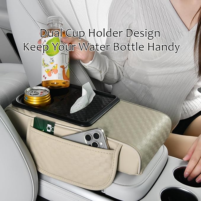 Car Center Console Armrest Pad, Arm Rest Box Cushion with Ergonomic Height Boost, Storage Pockets, Built-in Tissue Box, Cupholder, Fit for Most Sedan Vehicles (Embossing Checkerboard, Burgundy)