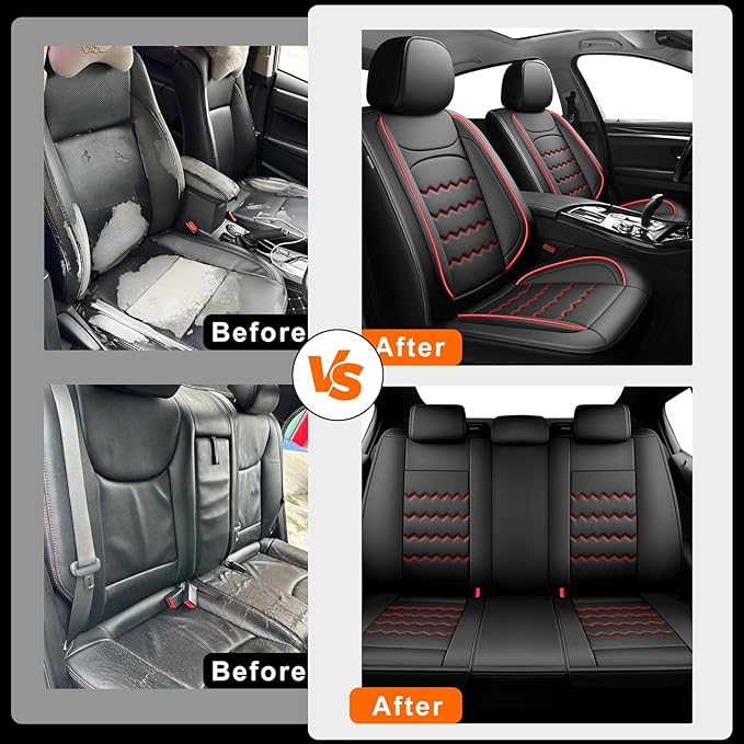 CX-50 Car Seat Covers Fit for Mazda CX-50 2023-2026, Full Coverage Premium Leather Waterproof Breathable Seat Covers, Automotive Seat Protectors, Airbag Compatible(2 Front Seats, Black & Red)