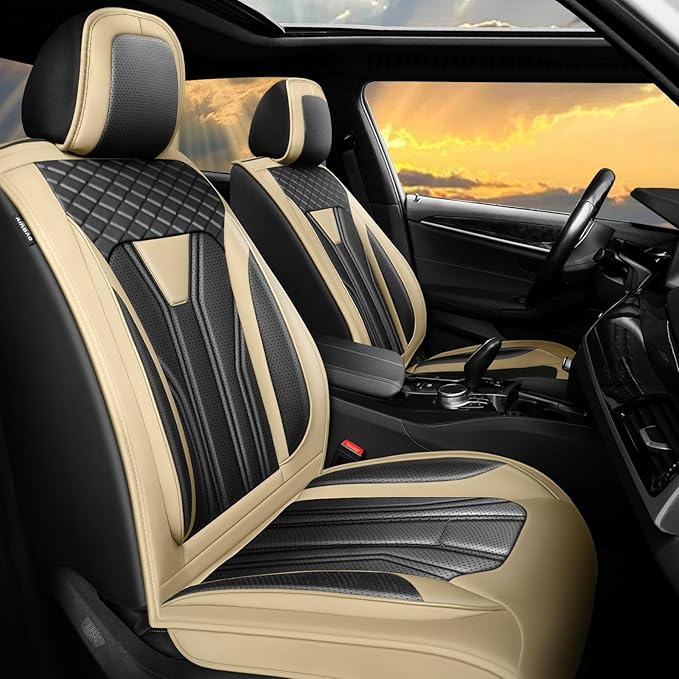 Fit Accord Car Seat Covers Premium Leather for Honda Accord 2012-2025 2026. Waterproof， Breathable, Scratch-Resistant & All-Weather Seat Cushion Protector（Full Set,Beige&Black