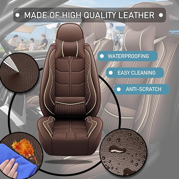 Leather Car Seat Covers Fit for Toyota RAV4 EV 2012-2013, 5 Seater Car Seat Cover, Premium Waterproof, Scratch Resistant Car Interior Accessories (Full Set with Pillow Coffee)
