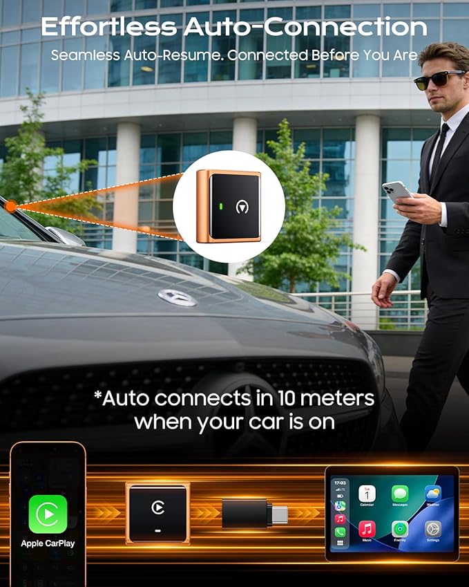 2026 Wireless CarPlay Adapter for Apple Only, Upgrade Mini Aluminium Car Play Adapter Converts Wired to Wireless CarPlay for iPhone, Plug & Play, Auto Connect Fast and Stable, with USB-C, CosmicOrange