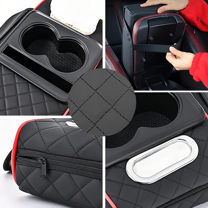 Multifunctional PU Leather Car Armrest Box Mat, 5-in-1 Multifunctional Car Armrest Cushion, Center Console Cover with 2 Cup Holder, For Storing Tissues,Phones,Wallets,Drinks,for Most Cars (Black-B)