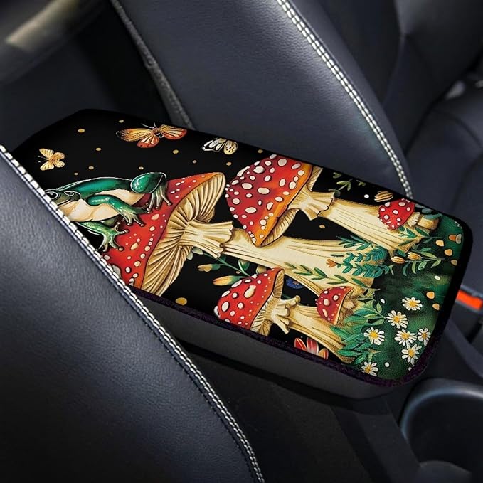 Car Center Console Armrest Cover Pad with Frog Mushroom, Easy to Install Automobile Armrest Covers for Trucks Van SUV