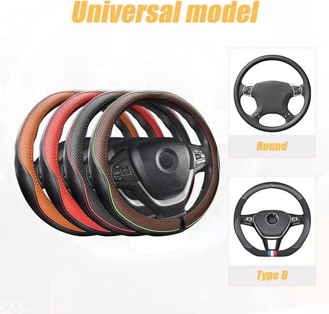 Leather Steering Wheel Cover, Soft Breathable Anti Slip, Universal Fit 15 Inch Car, Truck, SUV (Black/Red)
