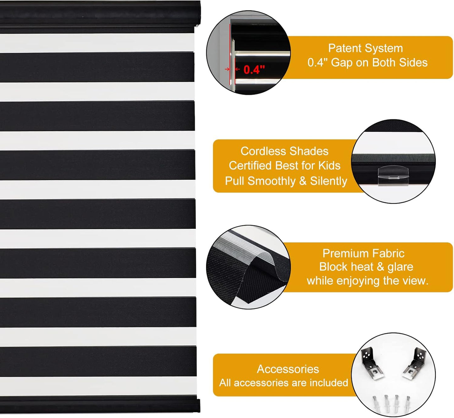 Persilux Cordless Zebra Blinds for Windows (58" W X 72" H, Black) Free-Stop Roller Windows Shades Dual Layer Light Control for Day and Night, Light Filtering Sheer Shades for Home, Easy to Install