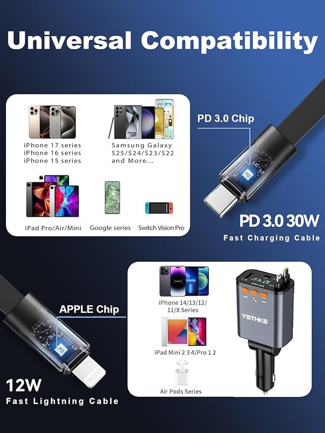 Bluetooth Car Adapter with Retractable Charger,[Upgrade] Bluetooth 5.4 FM Transmitter for Cars, 4 in 1 Fast Car Charger 69W, Handsfree Call, 2*Retractable Cable for iPhone 17/16/15/14, Galaxy-Gray