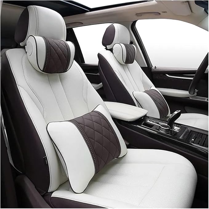 Car seat headrest Leather Car Fit for Seat Rest Cushion Headrest Car Neck Pillow Fit for BMW (Color : Beige Brown)