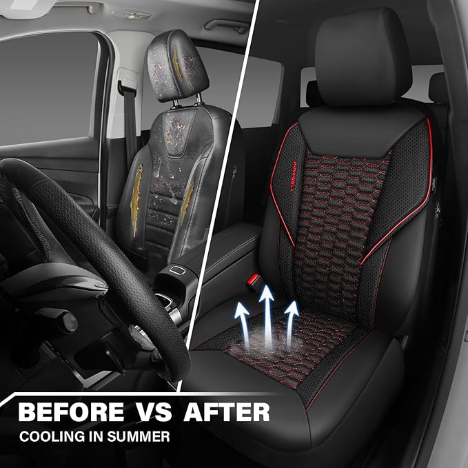 CAR PASS 3D Foam Mesh Leather Car Seat Covers Front Seats, Air Cool Mesh Front Seat Covers for Car, Universal Fit for SUV Truck Sedan Automotive, Armrest Airbag Compatible,Black and Red
