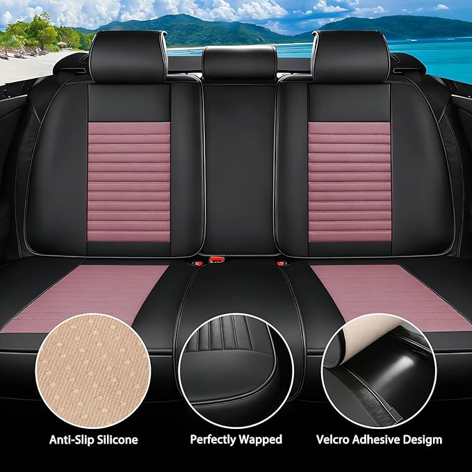 Car Seat Covers Full Set Fit for Toyota Yaris 2007-2020, Premium Faux Leather Car Seat Protector,Breathable Anti-Slip Full Wrapping Edge Seat Covers(Black&Pink,Full Set)