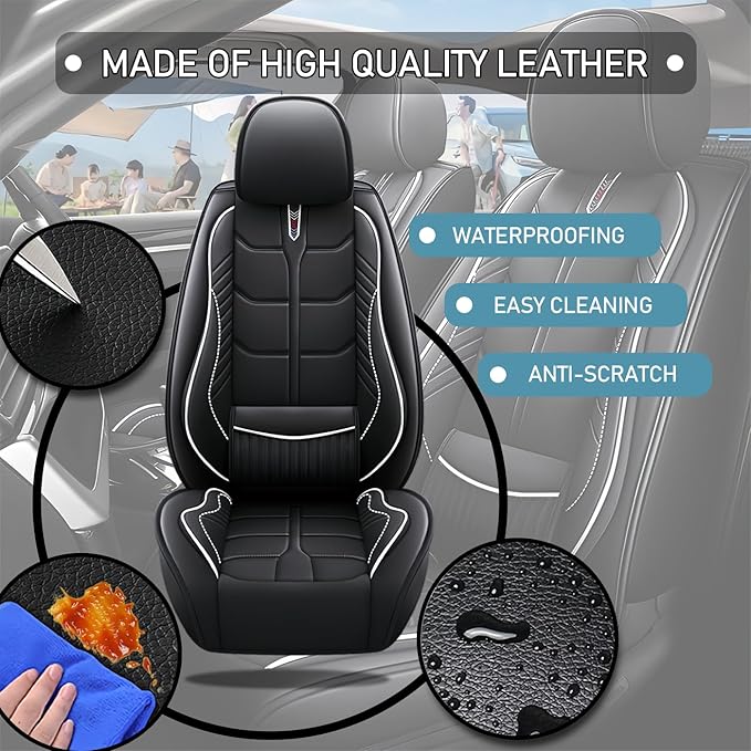 Leather Car Seat Covers Fit for Toyota Tundra 2000-2024, 5 Seater Car Seat Cover, Premium Waterproof, Scratch Resistant Car Interior Accessories (Full Set Black White)