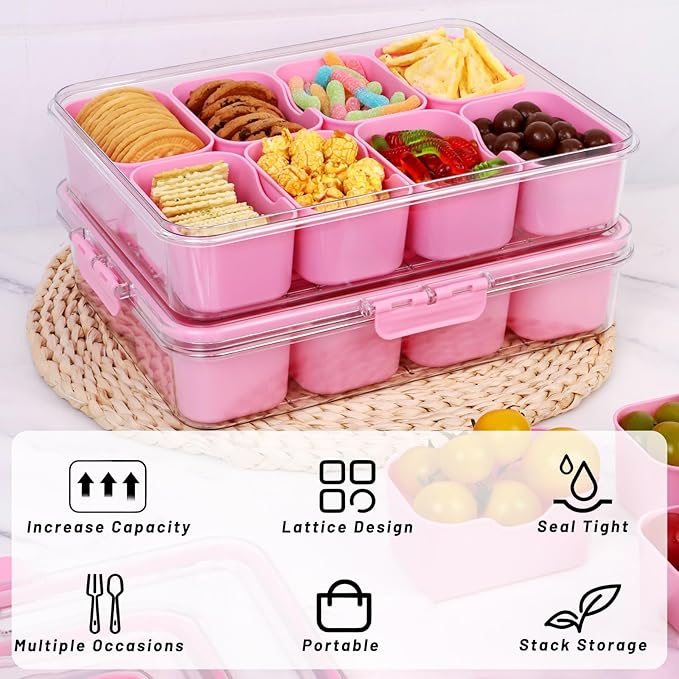 Snack Box Container with Insulated Cooler Bag, Divided Serving Tray with Lid and Handle Beach Essentials, Snackle Box Veggie Fruit Tray with 8 Compartments & 8 Forks & 2 Spoon Pink