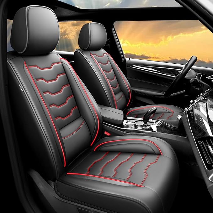 Fit Accord Car Seat Covers Premium Leather for Honda Accord 2012-2025 2026. Waterproof， Breathable, Scratch-Resistant & All-Weather Seat Cushion Protector（Full Set,Red Line Black