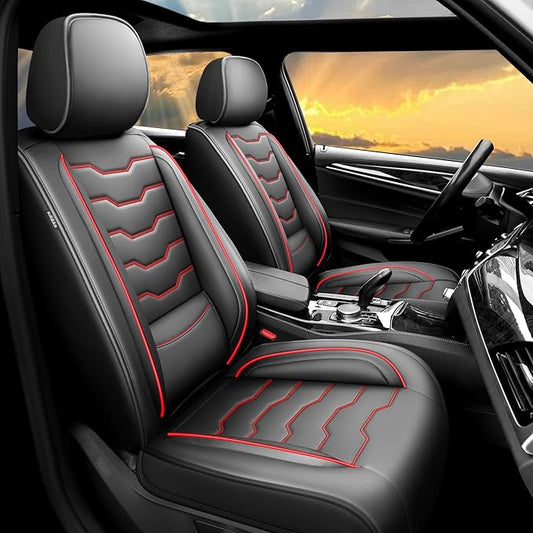 Fit Sonata Car Seat Covers Premium Leather for Hyundai Sonata 2007-2025 2026. Waterproof， Breathable, Scratch-Resistant & All-Weather Seat Cushion Protector（Full Set,Red Line Black