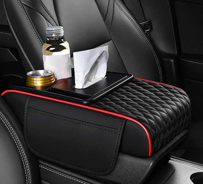 Car Armrest Center Console Cover for Subaru XV/Subaru Crosstrek (GP) 1.Gen 2012 2013 2014 2015 2016 2017, Center Console Pad with Cup Holder, Multifunctional Armrest Cushion,A Black+Red