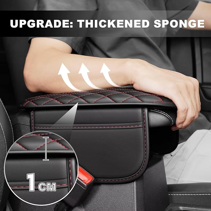 Upgraded Car Center Console Cover Fit for Tacoma Faux Leather Car Armrest Cover Cushion with 2 Storage Bags,Car Armrest Storage Box Interior Accessories(Black&Redline)